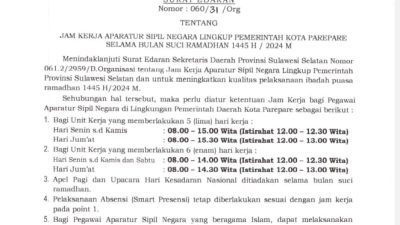 Pemkot Parepare Keluarkan Surat Edaran Tentang Jam Kerja ASN Selama Ramadan